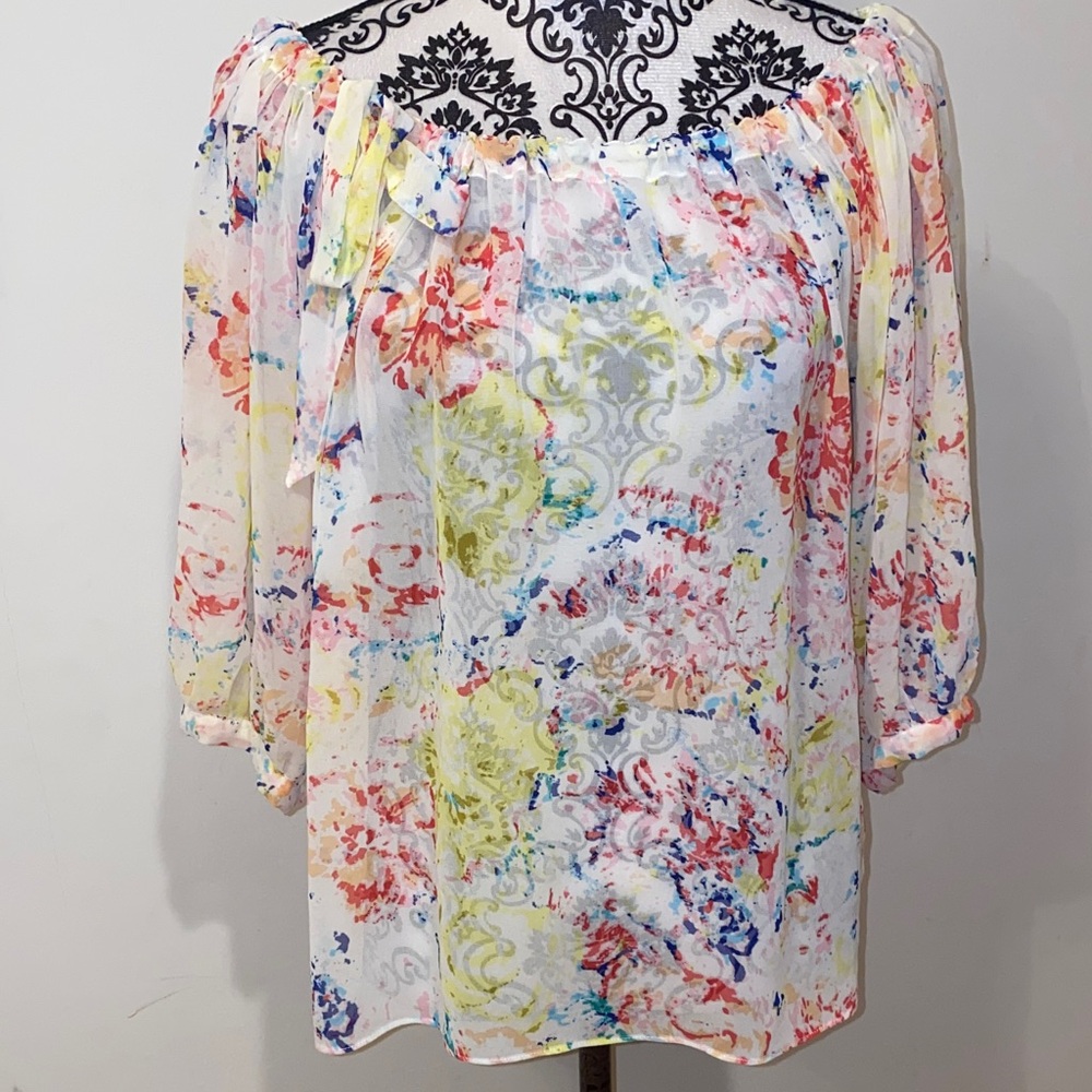 CAbi #826 Watercolor Floral Off Shoulder 3/4 Sleeve Blouse Size Small